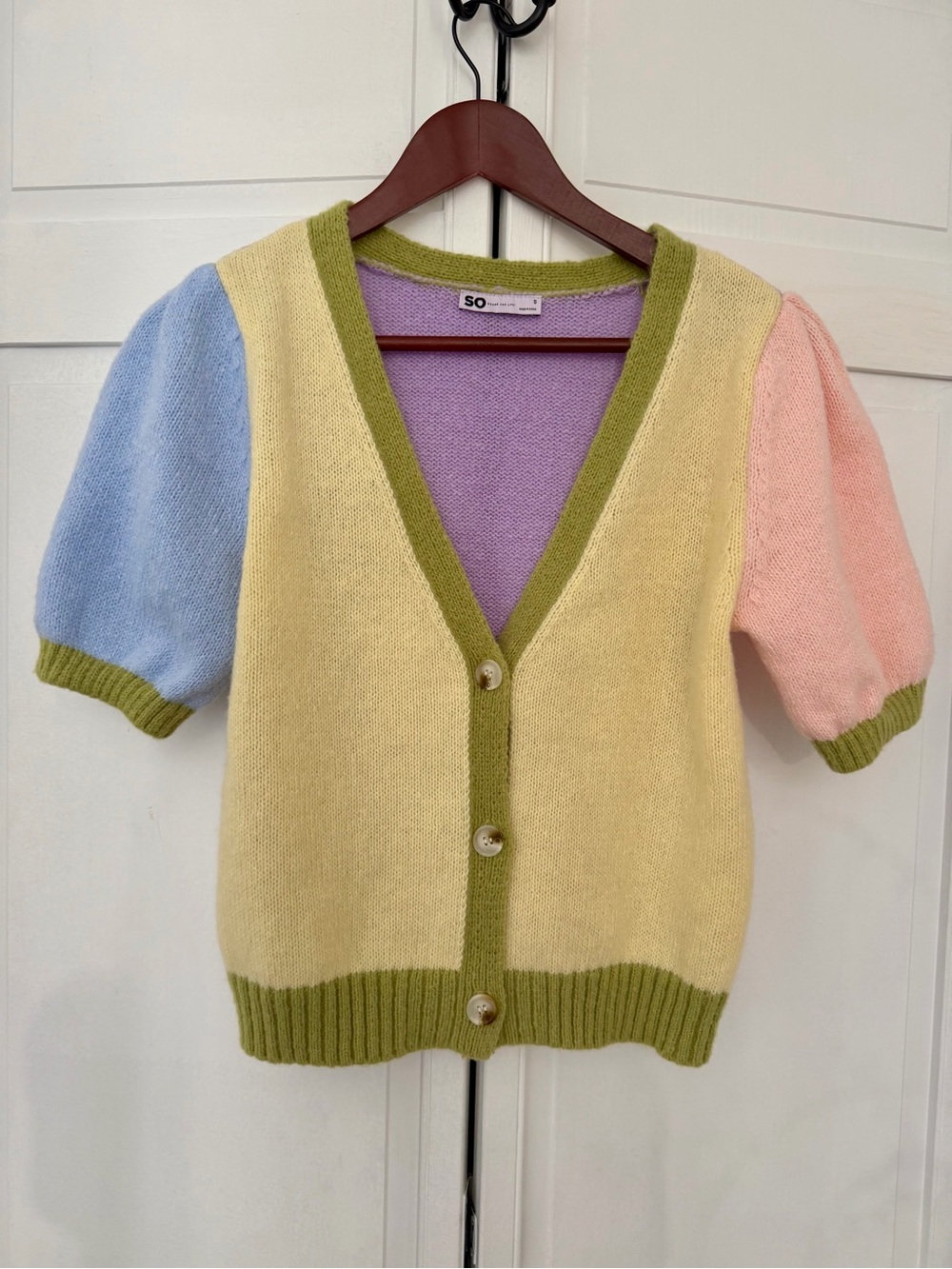 SO Multi-Color Pastel Knit Cardigan - Yellow, Blue, Pink, Green Trim